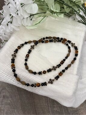 Vintage Long Hippie Boho Brown Tan Beaded Necklace